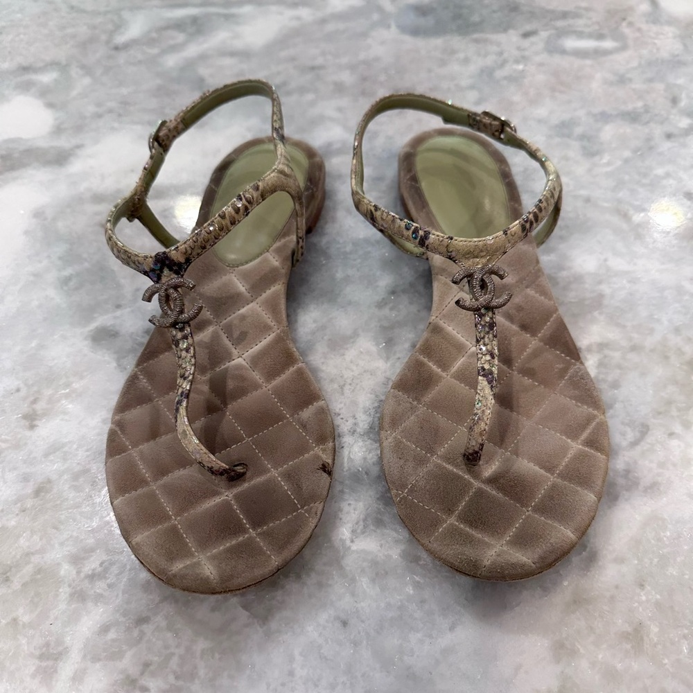 CHANEL Suede T-Strap Sandals, Beige, 9